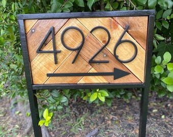 Address Stake with Arrow | Reclaimed Wood Address Sign for Yard| Rustic House Number Sign pointing arrow left or right | Modern Numbers