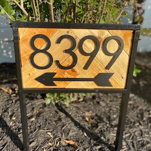 Address Stake with Arrow | Modern Reclaimed Wood Address Sign for Yard| Rustic House Number Sign pointing arrow left or right