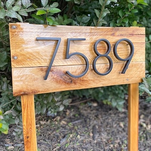 Address Stake | Reclaimed wood address post for garden| Farmhouse House Number Yard Sign | Wood Address Sign Metal Numbers | Driveway Sign