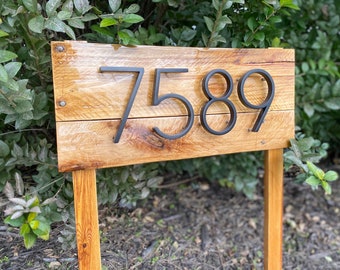 Address Stake | Reclaimed wood address post for garden| Farmhouse House Number Yard Sign | Wood Address Sign Metal Numbers | Driveway Sign