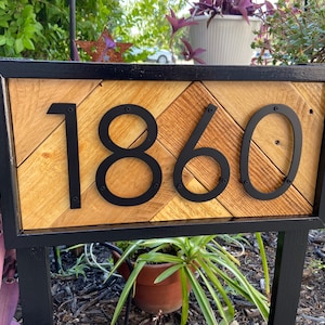 Address Stake Double Sided for Yard | Two-Side Reclaimed Wood House Numbers| 2-Sided Farmhouse Address Sign | Wood Address Sign Metal number