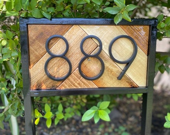 Address Stake Modern | Reclaimed Wood House Numbers for Garden| Farmhouse Address Yard Sign | Wood Address Sign Metal Numbers | Rustic Post