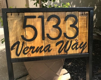 Address Stake with Street Name for yard | Reclaimed Wood House Number Sign w/ Last Name | Farmhouse Address Lawn Sign | Address Sign Metal