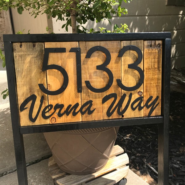 Address Stake with Street Name for yard | Reclaimed Wood House Number Sign w/ Last Name | Farmhouse Address Lawn Sign | Address Sign Metal