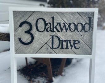 Address Stake with Street Name for yard | Reclaimed Wood House Number Sign w/ Last Name| Farmhouse Address Yard Sign | Address Sign Metal