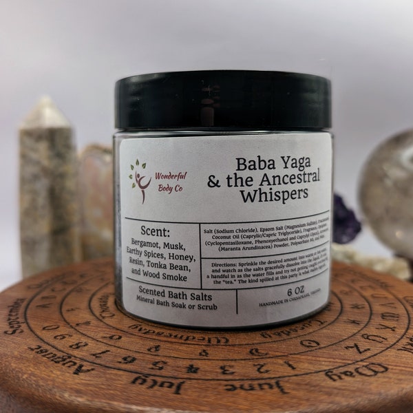 Baba Yaga and the Ancestral Whispers Bath Salts, Inspired Epsom Salt Body & Foot Soak, Bergamot Musk Tonka Bean Wood Smoke and Earthy Spices