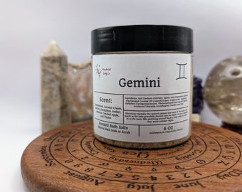Gemini Bath Salts, Zodiac Inspired Epsom Salt Body & Foot Soak, May 21 to June 20, Summer Breeze, Sandalwood, Coconut, Eucalyptus, Jasmine