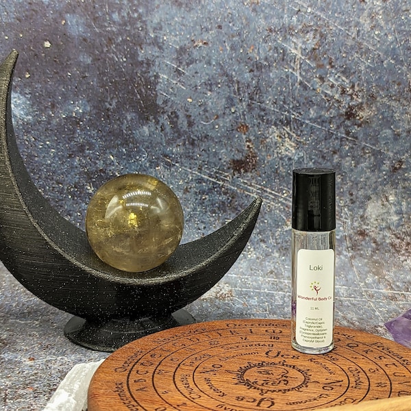 Loki Fragrance Roller, Norse Deity Inspired Coconut Oil Based Unisex Perfume Roller, Sage Cinnamon Clove Nutmeg Tonka Bean Bergamot Vanilla