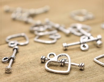 10 Sets Knebelverschluss Schmuck DIY Herz Liebe Love Toggle Verschluss silberfarbend 12x14mm