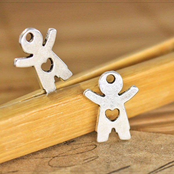 10x Metall Anhänger Charm Mensch Männchen Herz Liebe Schmuck DIY Basteln silberfarbend Junge 16x12mm