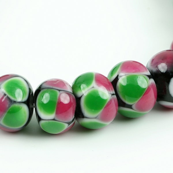 5 Lampwork Glasperlen Schmuck Basteln Rondell DIY Schwarz Grün Pink 12x8mm