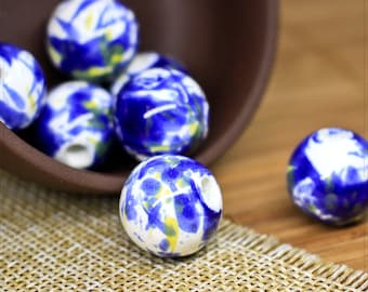 4x Porzellan Keramik Perlen Beads Schmuck DIY Basteln abstrakt blau 16mm