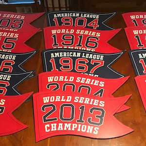 Full set of exact replicas of the Boston Red Sox Fenway Park Press Box Championship banners