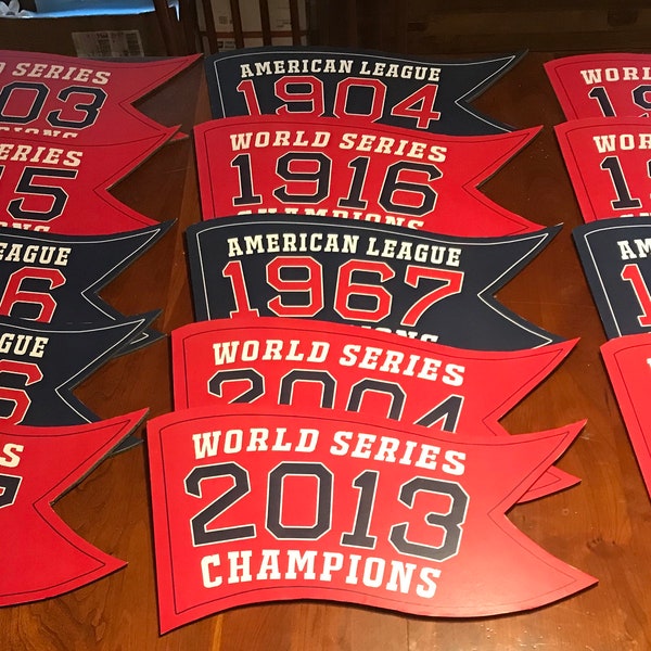 Full set of exact replicas of the Boston Red Sox Fenway Park Press Box Championship banners