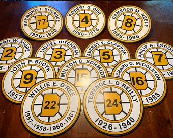 May include: Ten round, white and yellow hockey puck-shaped coasters with black lettering. Each coaster features a player's name, number, and years of play. The coasters are arranged in a circle on a wooden surface.