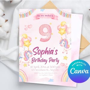 Invitation d'anniversaire 9e TÉLÉCHARGEMENT INSTANTANÉ, invitation d'anniversaire licorne modifiable, anniversaire de fille, licorne, arc-en-ciel