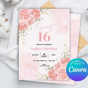 Invitación de cumpleaños Sweet 16, invitación de cumpleaños editable, invitación de cumpleaños niña 16, flores, rosa, acuarela, floral