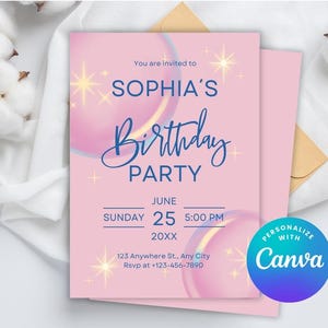 Verjaardagsuitnodiging met zeepbellen, afdrukbaar, bewerkbare verjaardagsuitnodiging, verjaardagsuitnodiging voor meisjes, zwembadfeest, pastelroze