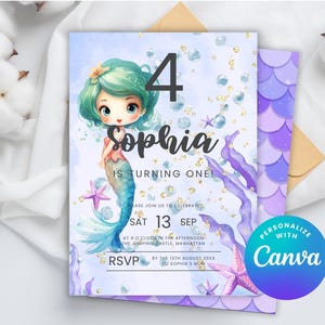 Invitation pour 4e anniversaire TÉLÉCHARGEMENT INSTANTANÉ, invitation d'anniversaire sirène modifiable, anniversaire de fille, sirène, Ariel