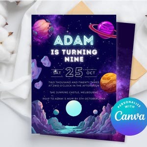 Invitation d'anniversaire 9 ans, thème spatial, modifiable, anniversaire spatial, astronaute, téléchargement instantané