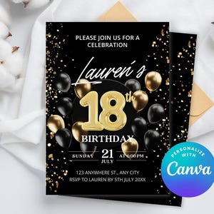 Invitation d'anniversaire 18 ans imprimable, anniversaire ballon, carte d'invitation pailletée, invitation anniversaire Canva, téléchargement instantané, 5x7