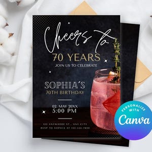 Invitation pour 70e anniversaire, cocktail d'anniversaire, carte d'invitation pour une fête d'été, invitation modifiable pour un cocktail, téléchargement instantané