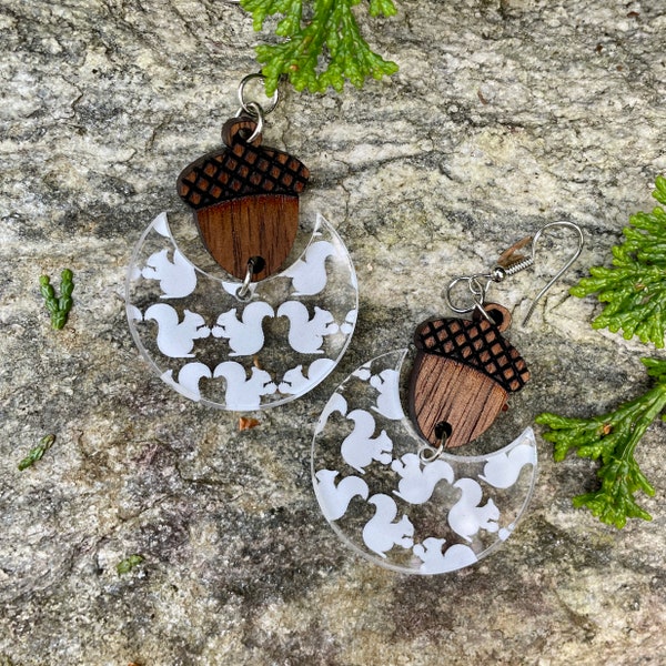 Fall Acorn Light Weight Dangle Earrings, White Squirrel Print on Clear Acrylic