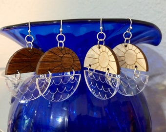 Wood and Acrylic Summer Themed Earrings, Boho Style, Dangle Light Weight, Sun, Lake, Ocean Earrings