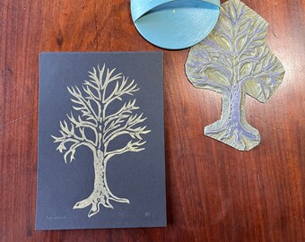 Sycamore Tree Linocut Print (Gold Ink on Black Paper)