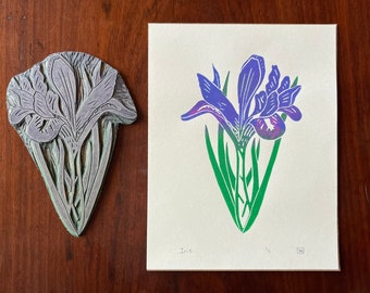 Iris Colored Linocut Print (Purple)