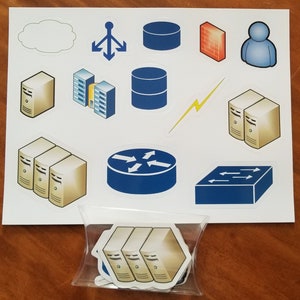 May include: A sheet of stickers featuring various computer and network-related icons. The stickers include images of servers, databases, firewalls, routers, and a cloud symbol. A small clear bag contains a few stickers of servers.