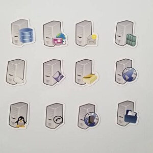 May include: Twelve gray server icons with different symbols on them. The symbols include a database, a folder, an email, a stack of files, a cloud, a file, a folder, a globe, a penguin, a clock, a boot, and a printer.