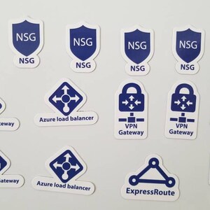 Puede incluir: Una colección de pegatinas azules y blancas con varios iconos de seguridad de red e infraestructura. Los iconos incluyen Grupos de seguridad de red (NSG), Puerta de enlace de aplicación, Equilibrador de carga de Azure, Puerta de enlace VPN, Firewall y ExpressRoute.
