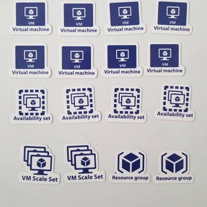 May include: A set of stickers representing different Azure resources, including virtual machines, availability sets, VM scale sets, and resource groups. The stickers are white with blue icons and text.