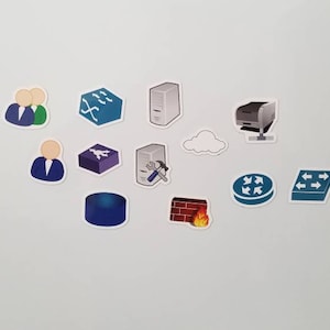 May include: A collection of stickers featuring IT and networking icons. Includes images of people, a server, a printer, a cloud, a firewall, a router, and other network-related symbols. The stickers are on a white background.