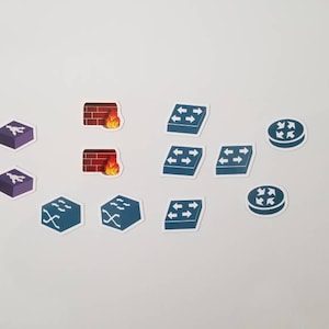 May include: A collection of network infrastructure stickers, including firewalls with flames, routers, and switches with directional arrows. The stickers are in shades of blue, purple, and red, arranged on a white background.