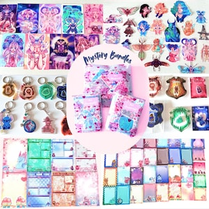May include: A collection of stickers, keychains, notepads, and mystery bundles. The stickers feature anime-style illustrations of fairies and other fantasy characters. Keychains have various designs. Notepads have colorful backgrounds. The text "Mystery Bundles" is visible.