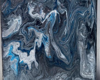 Contemporary Home Decor: Blue Black Silver Fluid Art on Canvas (8x10)