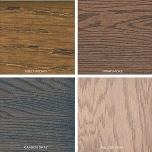 May include: Four wood samples showing different wood stain colors: Aged Brown, Briar Smoke, Carbon Gray, and Willow Gray.