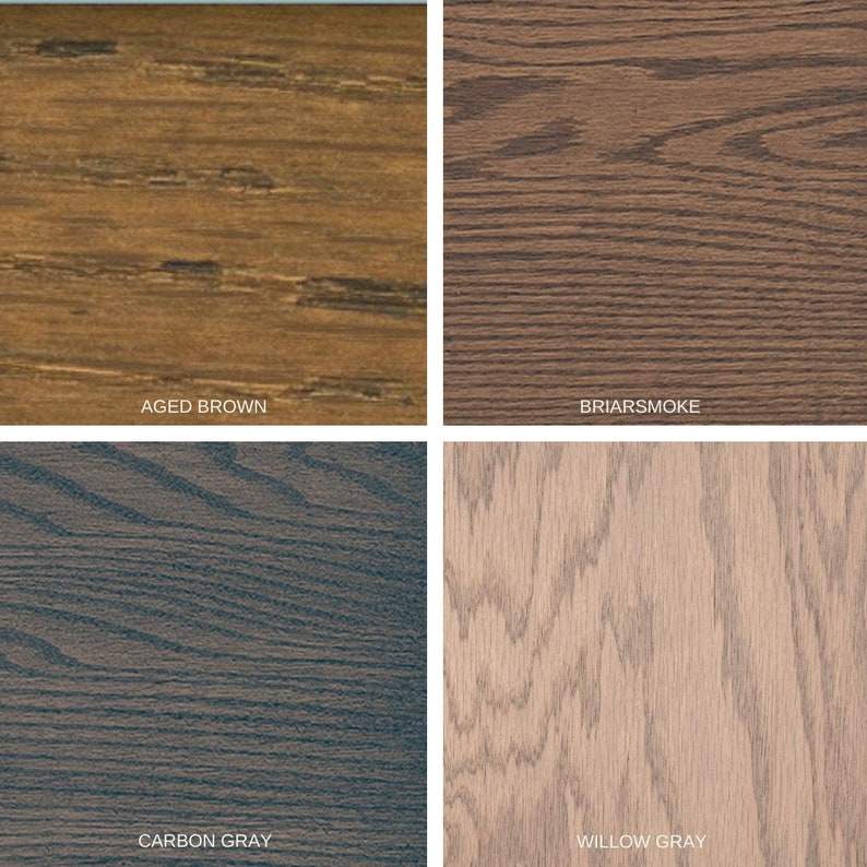 May include: Four wood samples showing different wood stain colors: Aged Brown, Briar Smoke, Carbon Gray, and Willow Gray.