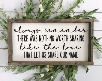 Always Remember There Was Nothing Worth Sharing Like The Love That Let Us Share Our Name Wood Sign