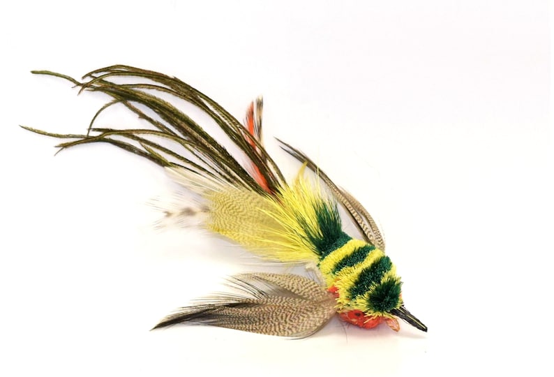 May include: A yellow, green, and red feathered fishing lure with a long tail of brown feathers.