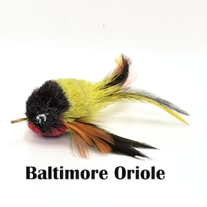 May include: A yellow, black, and red feathered bird toy with the text "Baltimore Oriole" below it.