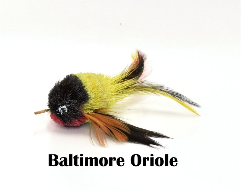 May include: A yellow, black, and red feathered bird toy with the text "Baltimore Oriole" below it.