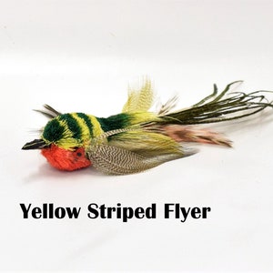 May include: A yellow, green, and red fly fishing lure with feathers. The lure is called "Yellow Striped Flyer".