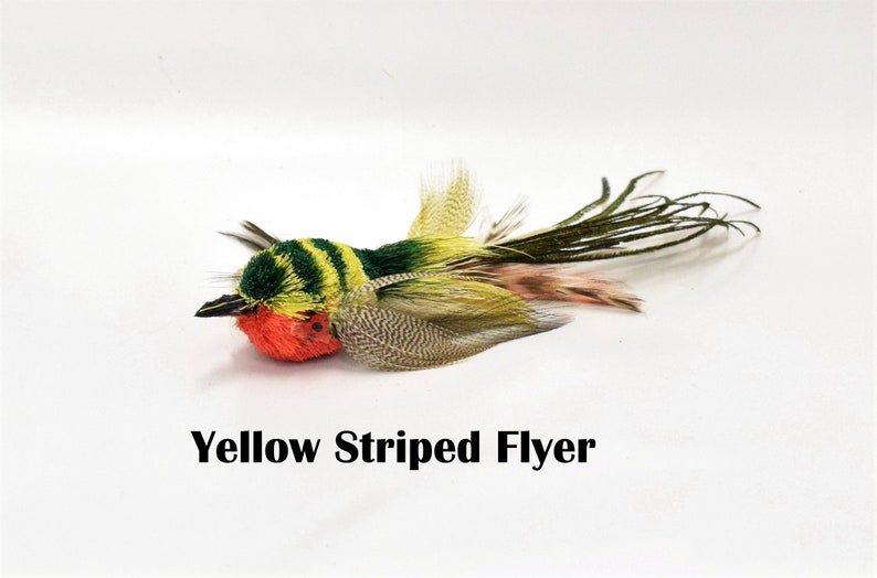 May include: A yellow, green, and red fly fishing lure with feathers. The lure is called "Yellow Striped Flyer".