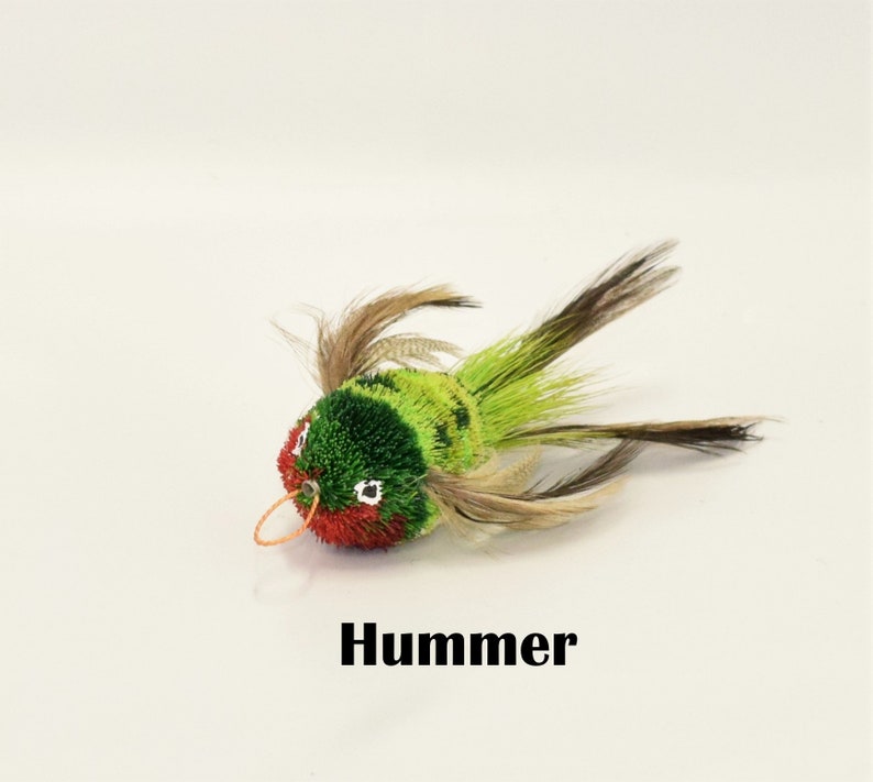 May include: A green, red, and brown feathered toy bird with a black elastic loop. The toy is labeled "Hummer".