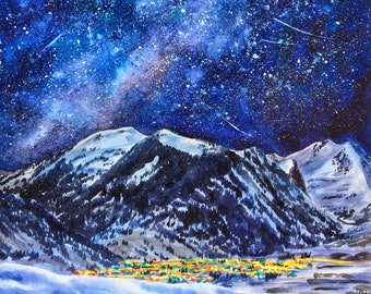 Small Town Big Sky, crested butte, watercolor, painting, landscape, winter, art