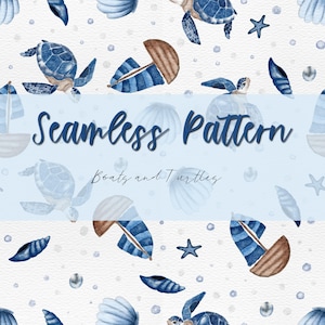 May include: A watercolour seamless pattern with boats, turtles, seashells, and starfish in blue and brown hues. The design includes the text "Seamless Pattern" and "Boats and Turtles". The background is white.
