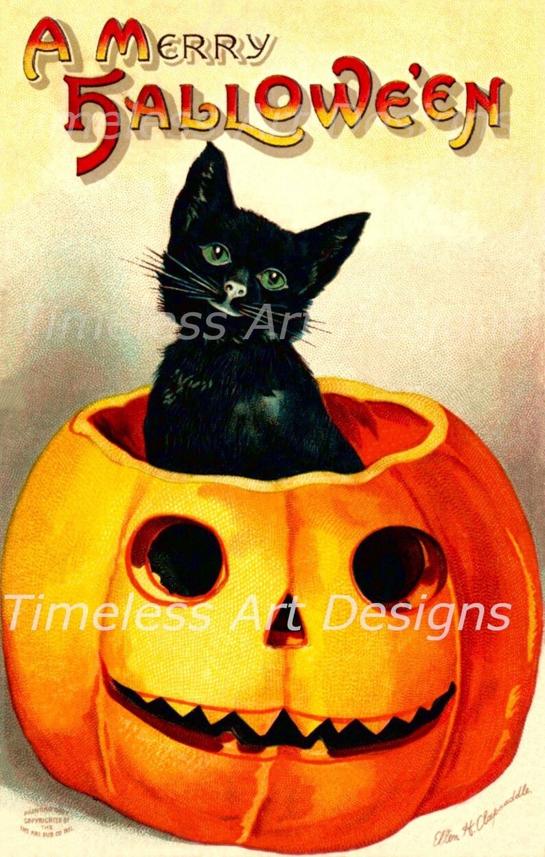 Pumpkin Instant Printable Art! Instant Digital Download Black cat Inside a Jack O lantern Vintage Halloween Postcard Image